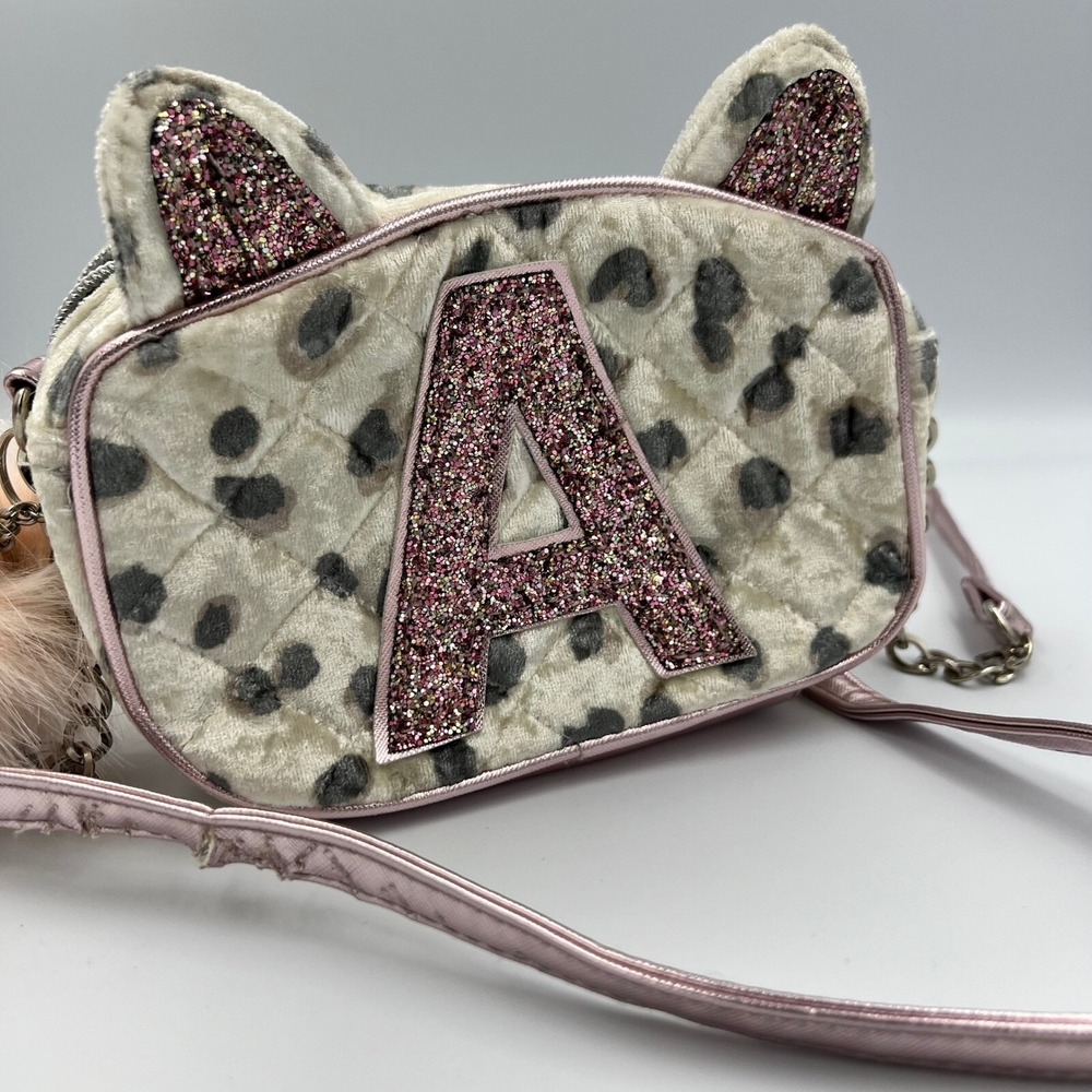 Justice Crossbody Bag Girls OS Pink Fair Leopard Print Glitter Initial A Cat Ear